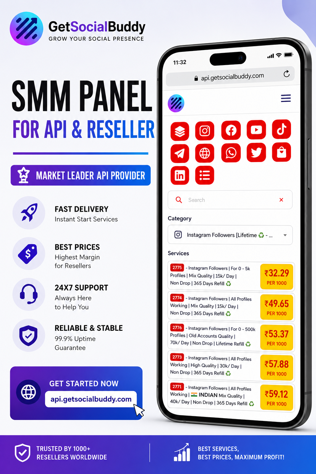 Cheapest SMM Panel for Resellers & API Users | GetSocialBuddy